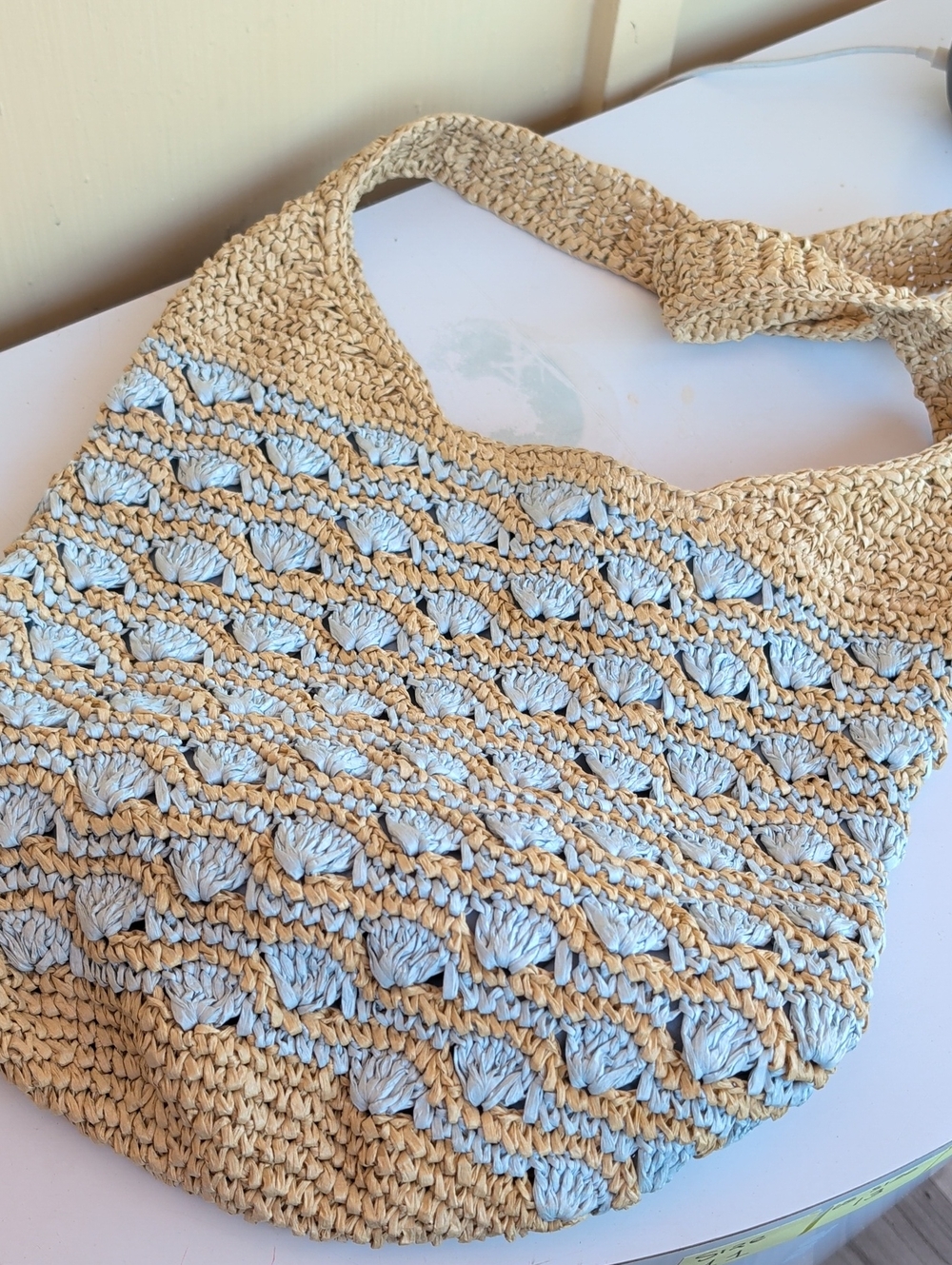 Woven Shoulder Bucket Bag in Natural and Light Blue